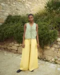 model in gingham linen tie front top and wide butter linen culottes