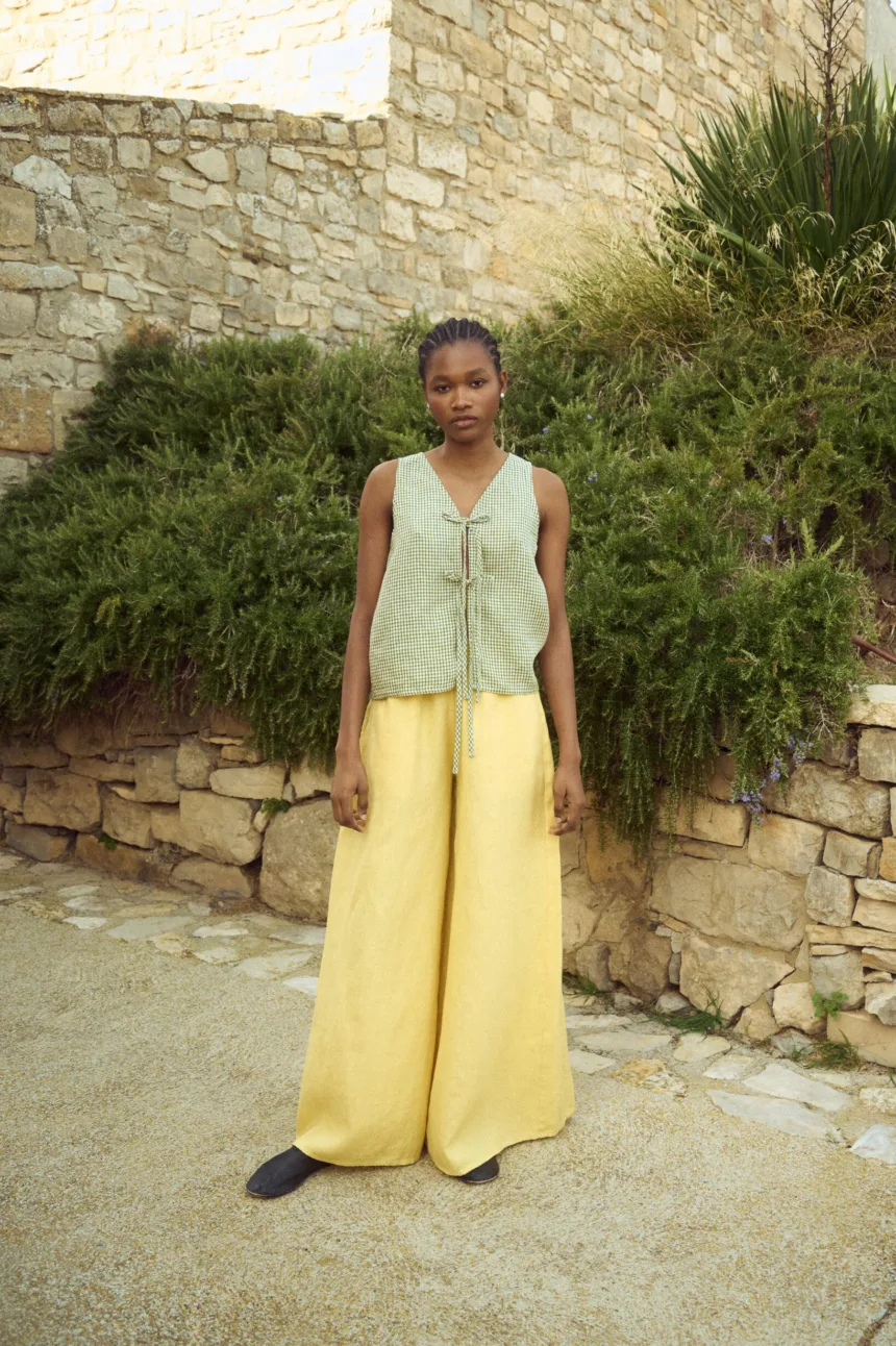 model in gingham linen tie front top and wide butter linen culottes