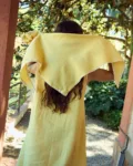 Yellow linen lace bandana tied on head with delicate lace trim edges