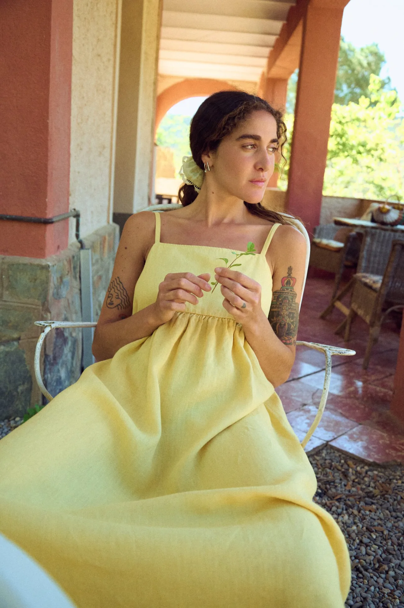 butter yellow linen summer midi dress with spaghetti straps