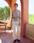 White linen drawstring pants with straight leg and lace detail