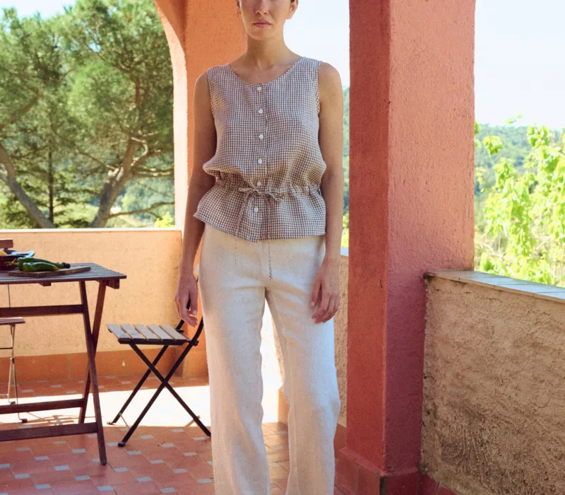White linen drawstring pants with straight leg and lace detail