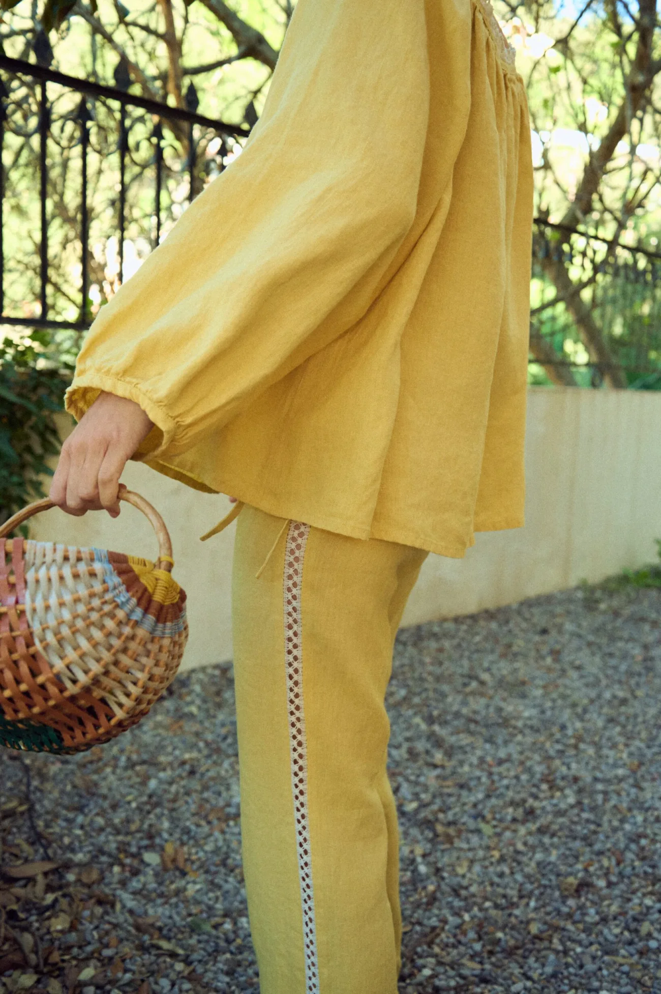 butter yellow linen lace pants styled with matching linen blouse