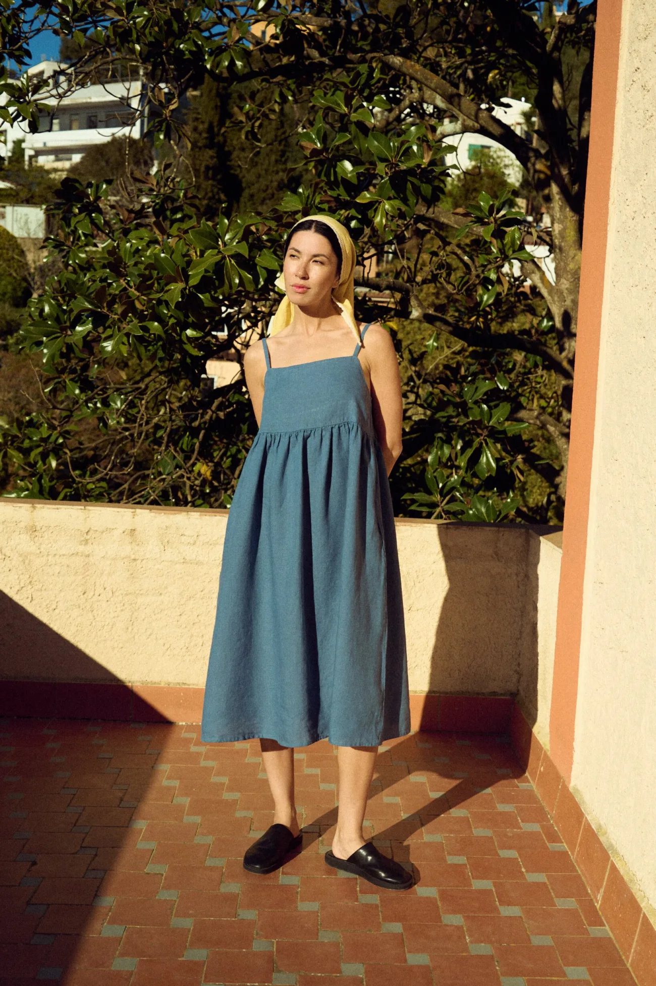 gathered skirt midi summer dress with straps in blue linen