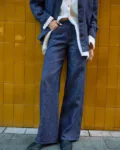 Blue denim linen jeans with wide legs and front pockets, styled with a matching linen jacket and white linen shirt